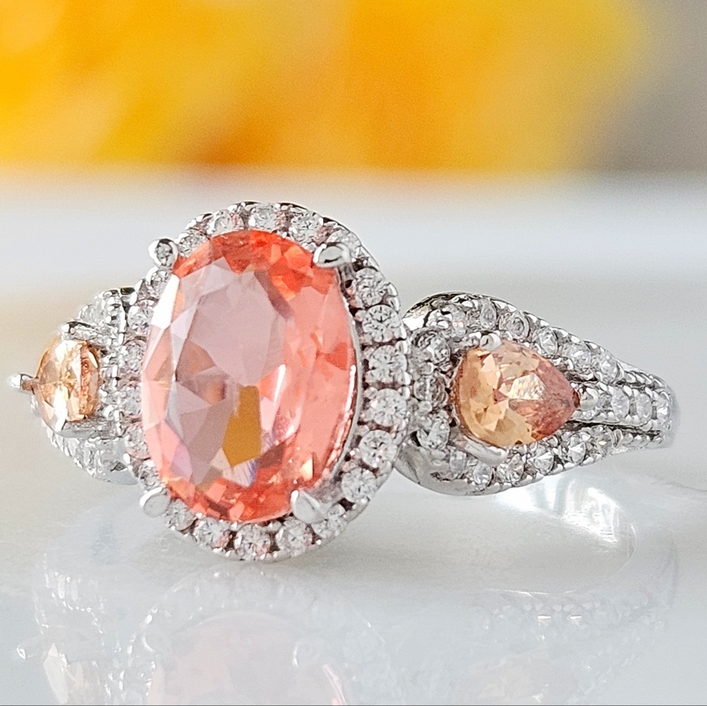 Coral Pink & Peach Gemstone ring, 925 Sterling Silver Charmed Aroma